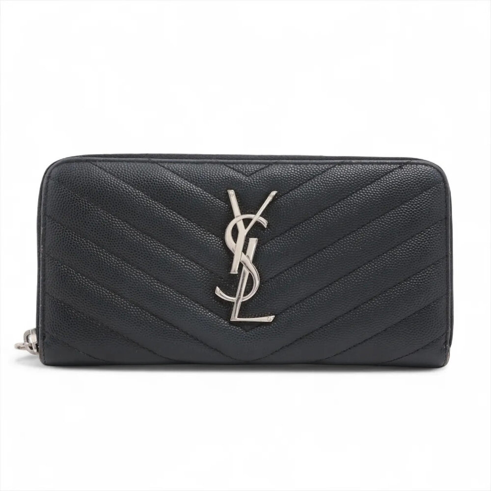Saint Laurent Paris Cassandra V-stitch Leather Long Wallet, Round Zipper, Wom...